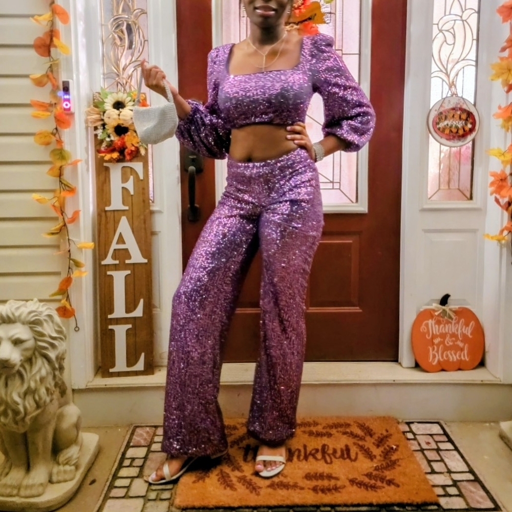 Purple Sequin Women's 2pc Crop Top and Pants